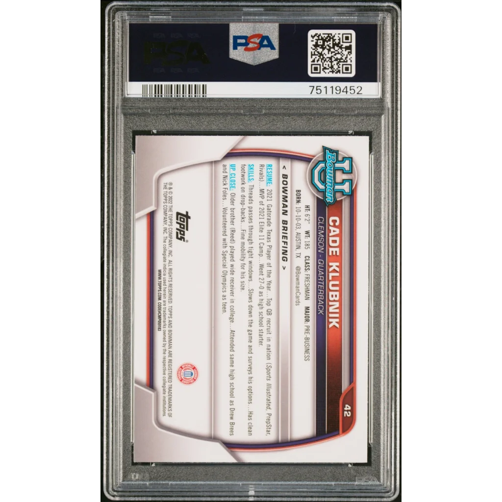 Graded 2022 Topps Bowman University Cade Klubnik #42 Chrome Prospects Rookie RC Football Card PSA 10 Gem Mint | PSA 10 Gem Mint Graded Rookie Card | vintageantiquesgifts.com