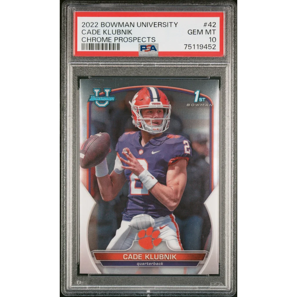 Graded 2022 Topps Bowman University Cade Klubnik #42 Chrome Prospects Rookie RC Football Card PSA 10 Gem Mint | Hall of Fame Sports Memorabilia | vintageantiquesgifts.com