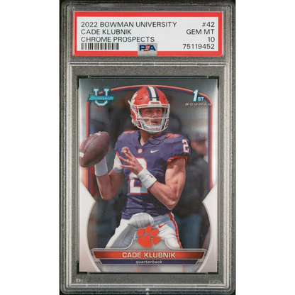 Graded 2022 Topps Bowman University Cade Klubnik #42 Chrome Prospects Rookie RC Football Card PSA 10 Gem Mint | Hall of Fame Sports Memorabilia | vintageantiquesgifts.com