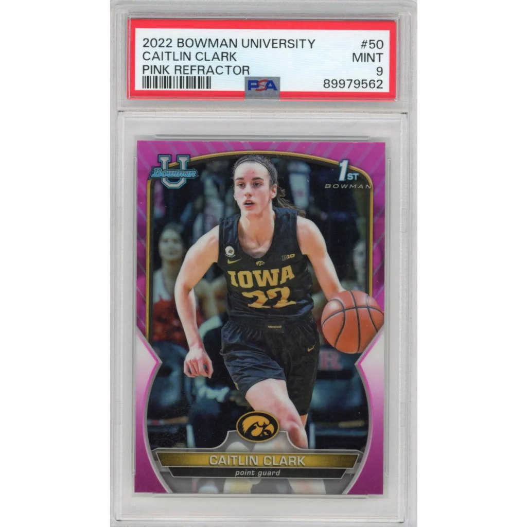 PSA graded Caitlin Clark Pink Refractor basketball card 2022 Bowman University MINT 9