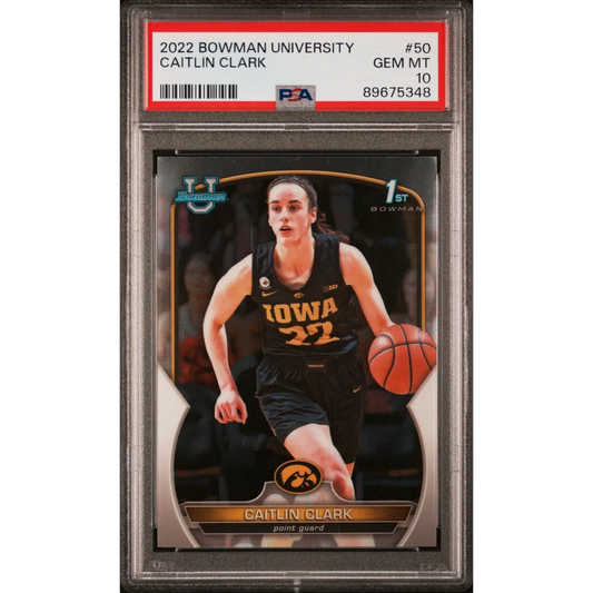 Graded 2022 Bowman University Caitlin Clark basketball card in PSA case