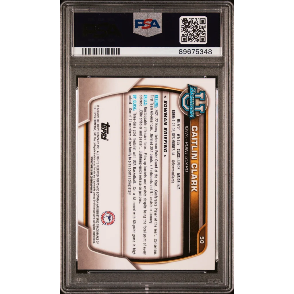 PSA 10 Graded Caitlin Clark Rookie Card, 2022 Topps Bowman University #50