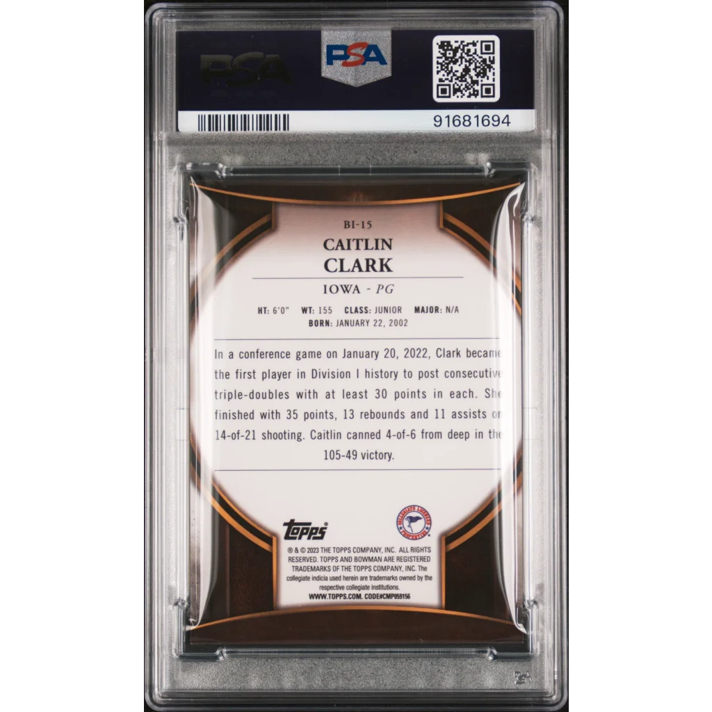 Graded 2022 Topps Bowman University Caitlin Clark #BI15 Invicta Rookie RC Basketball Card PSA 10 Gem Mint | PSA 10 Gem Mint Graded Rookie Card | vintageantiquesgifts.com
