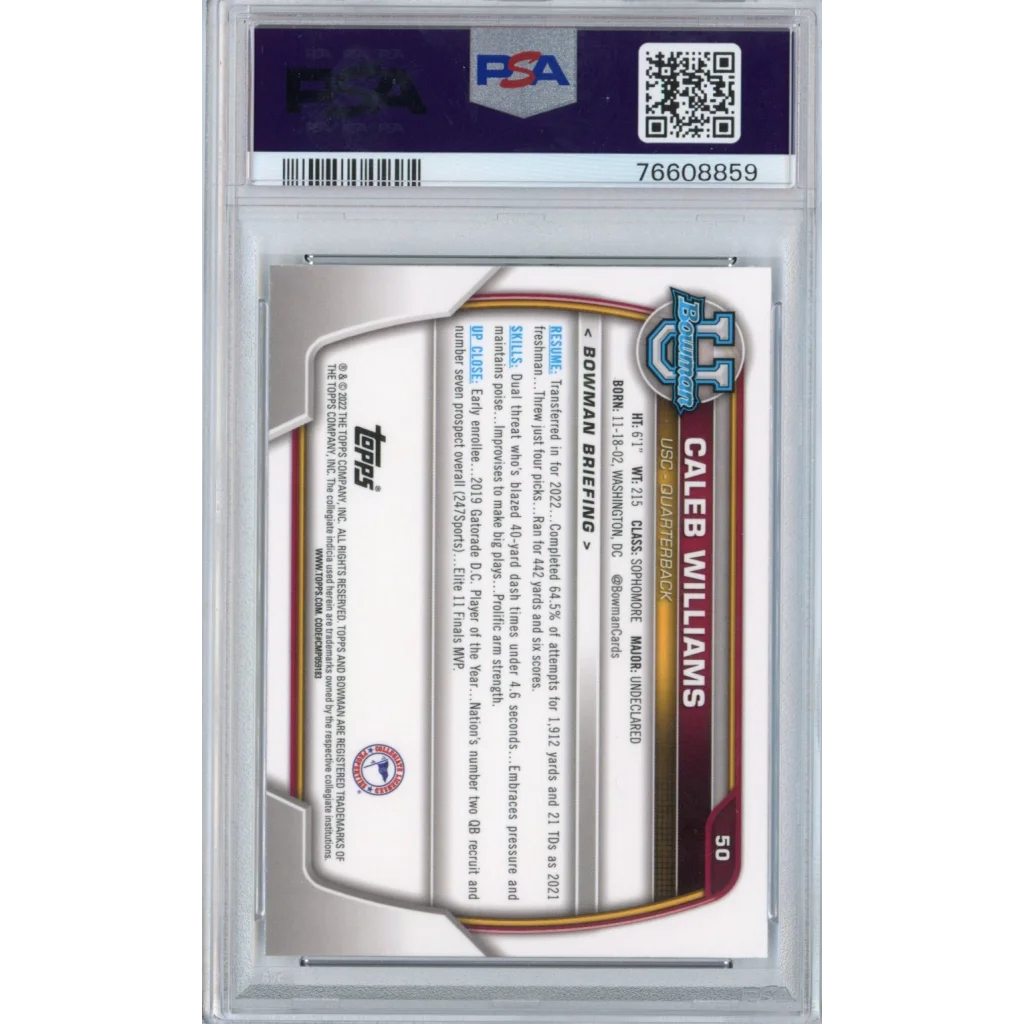 Graded 2022 Topps Bowman University Caleb Williams #50 Chrome Prospects Rookie RC Football Card PSA 10 Gem Mint | PSA 10 Gem Mint Graded Rookie Card | vintageantiquesgifts.com