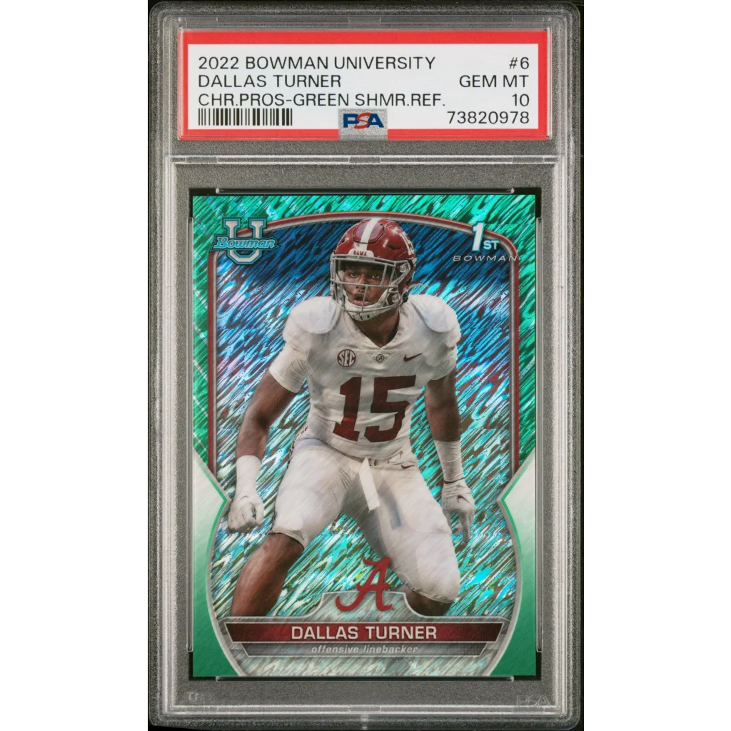Graded 2022 Topps Bowman University Dallas Turner #6 Chrome Prospects Green Shimmer Refractor #/99 Rookie RC Football Card PSA 10 Gem Mint | Hall of Fame Sports Memorabilia | vintageantiquesgifts.com