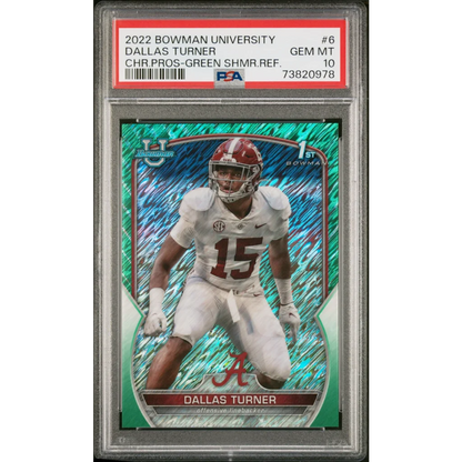 Graded 2022 Topps Bowman University Dallas Turner #6 Chrome Prospects Green Shimmer Refractor #/99 Rookie RC Football Card PSA 10 Gem Mint | Hall of Fame Sports Memorabilia | vintageantiquesgifts.com