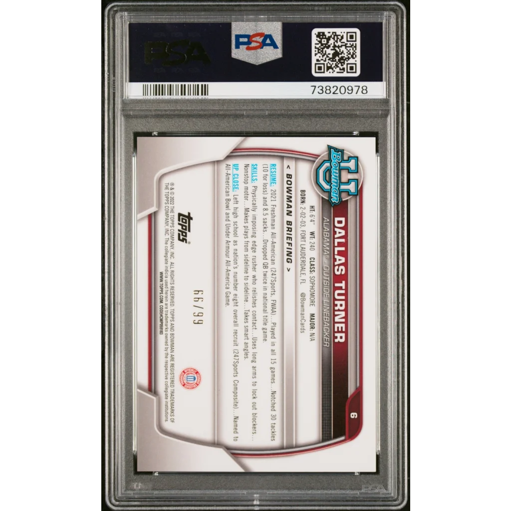 Graded 2022 Topps Bowman University Dallas Turner #6 Chrome Prospects Green Shimmer Refractor #/99 Rookie RC Football Card PSA 10 Gem Mint | PSA 10 Gem Mint Graded Rookie Card | vintageantiquesgifts.com