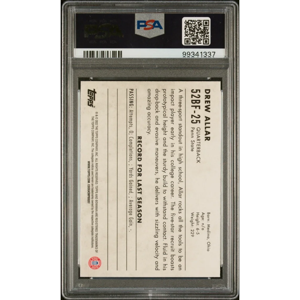 Graded 2022 Topps Bowman University Drew Allar #52BF25 1952 Bowman Rookie RC Football Card PSA 10 Gem Mint | PSA 10 Gem Mint Graded Rookie Card | vintageantiquesgifts.com