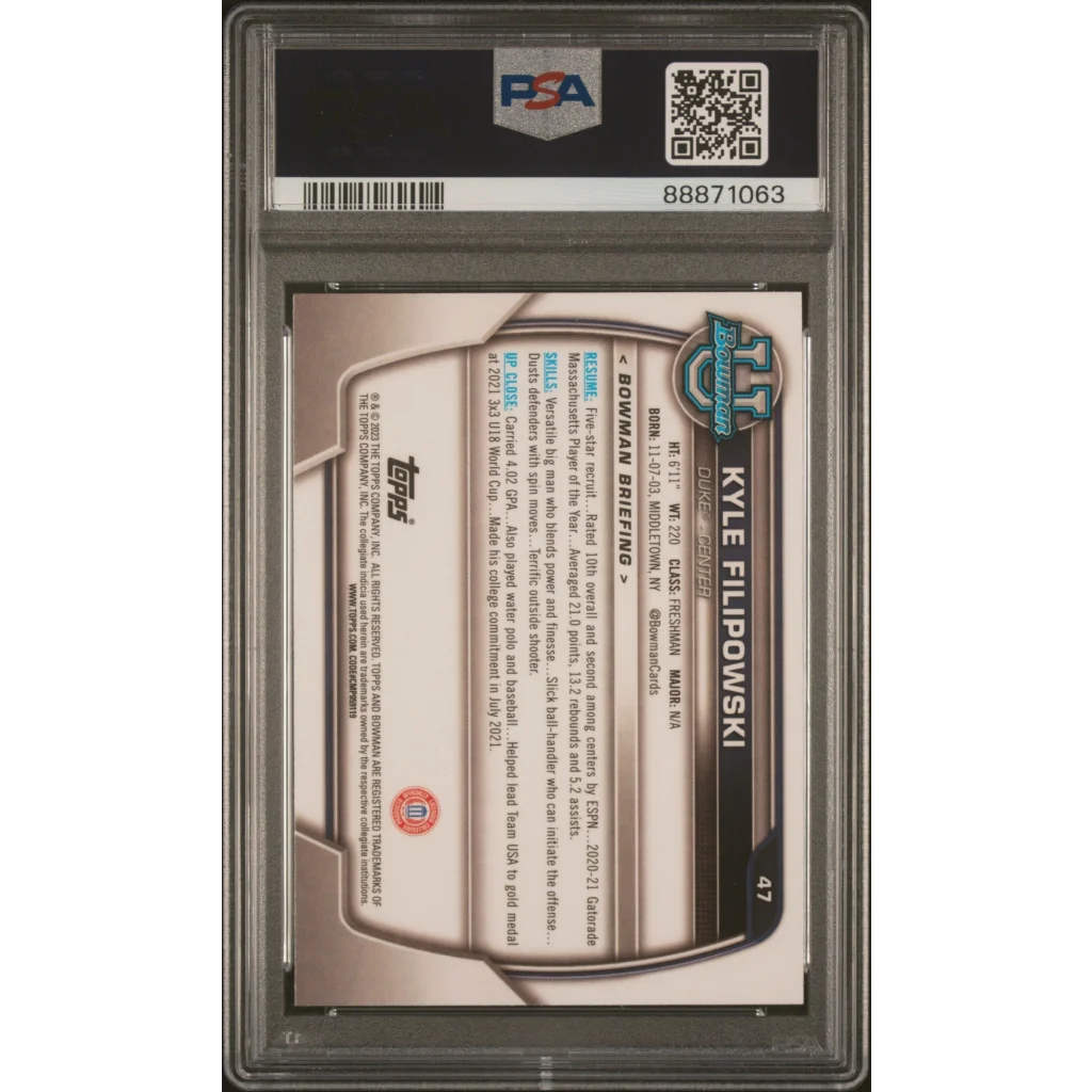 Graded PSA 10 2022 Topps Bowman Kyle Filipowski Rookie Card