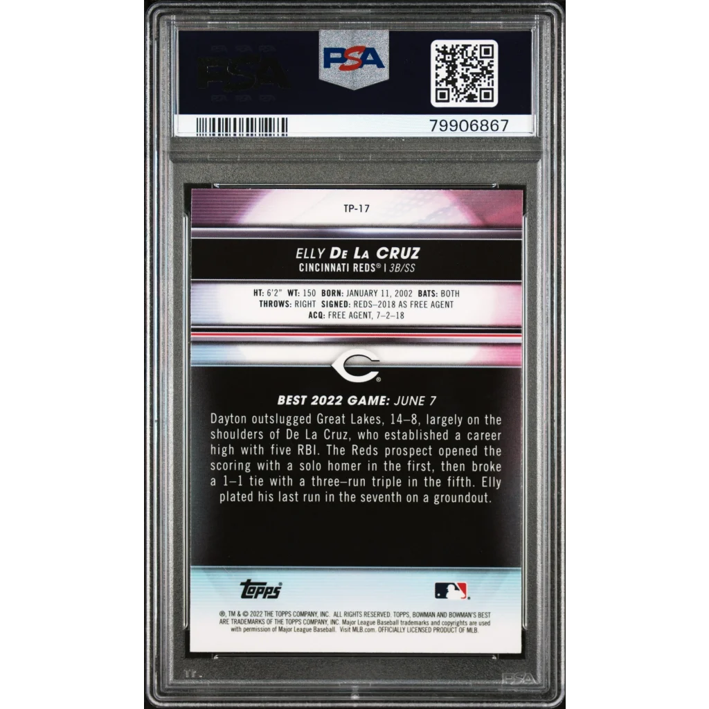 Graded 2022 Topps Bowmans Best Elly De La Cruz #TP17 Top Prospects Rookie RC Baseball Card PSA 10 Gem Mint | PSA 10 Gem Mint Graded Rookie Card | vintageantiquesgifts.com