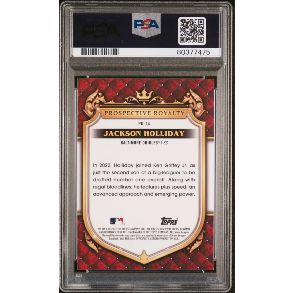 Graded 2022 Topps Bowmans Best Jackson Holliday #PR14 Prospective Royalty Rookie RC Baseball Card PSA 10 Gem Mint | PSA 10 Gem Mint Graded Rookie Card | vintageantiquesgifts.com