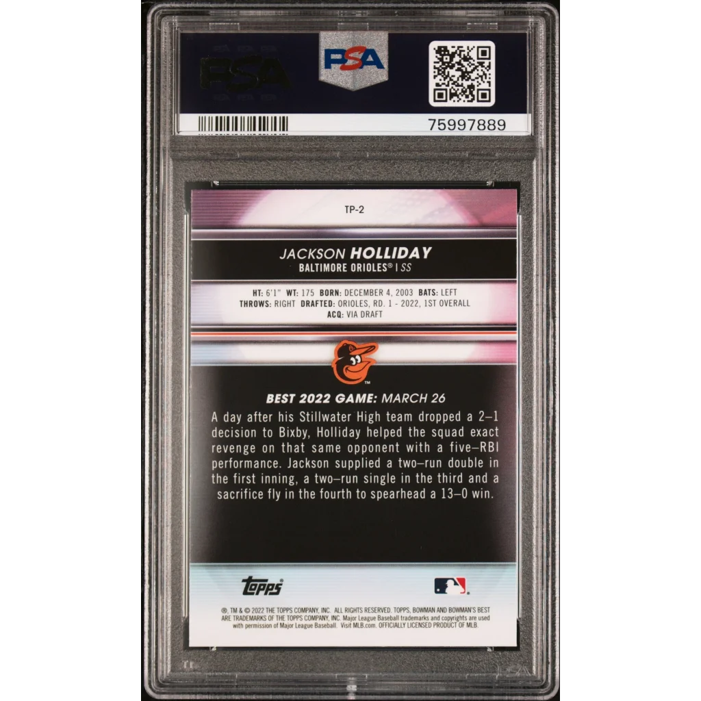 Jackson Holliday PSA 10 graded baseball card from Bowman Best 2022 product