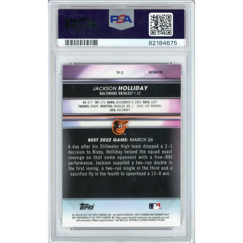 Graded 2022 Topps Bowmans Best Jackson Holliday #TP2 Top Prospects-Refractor Rookie RC Baseball Card PSA 10 Gem Mint | PSA 10 Gem Mint Graded Rookie Card | vintageantiquesgifts.com