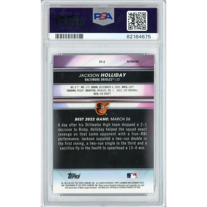 Graded 2022 Topps Bowmans Best Jackson Holliday #TP2 Top Prospects-Refractor Rookie RC Baseball Card PSA 10 Gem Mint | PSA 10 Gem Mint Graded Rookie Card | vintageantiquesgifts.com