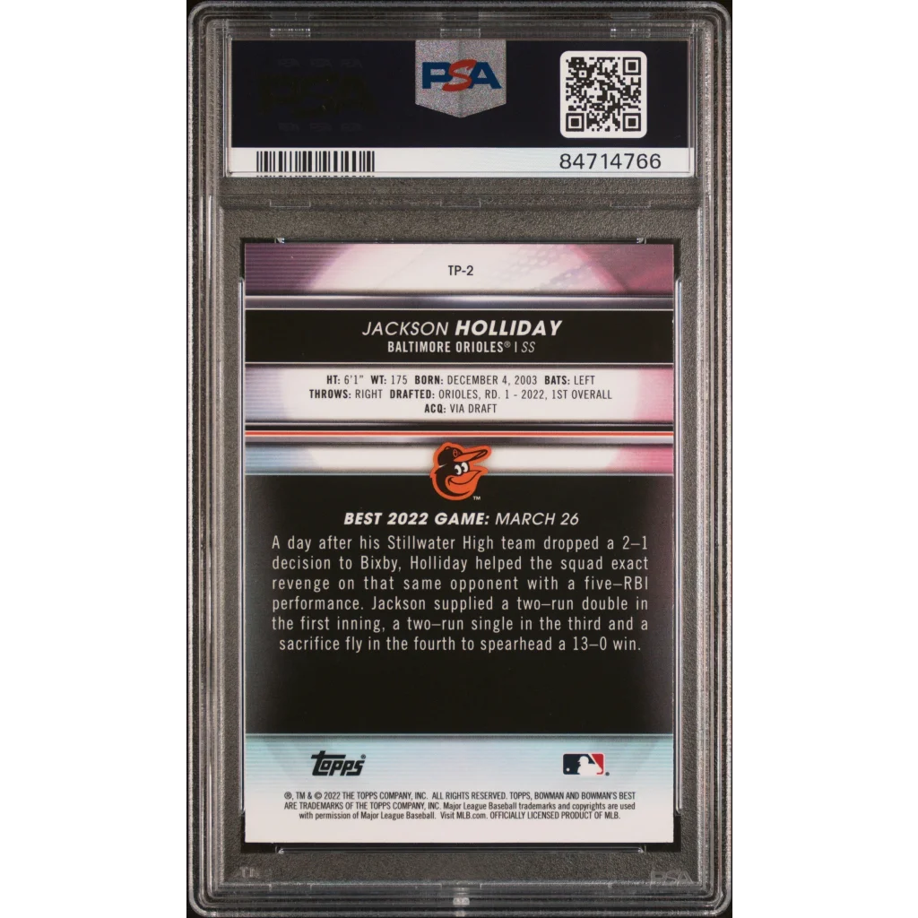 Graded 2022 Topps Bowmans Best Jackson Holliday #TP2 Top Prospects Rookie RC Baseball Card PSA 10 Gem Mint | PSA 10 Gem Mint Graded Rookie Card | vintageantiquesgifts.com