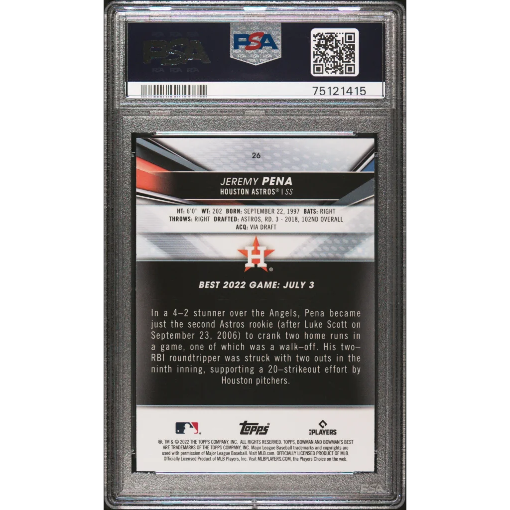 Graded 2022 Topps Bowmans Best Jeremy Pena #26 Rookie RC Baseball Card PSA 10 Gem Mint | PSA 10 Gem Mint Graded Rookie Card | vintageantiquesgifts.com