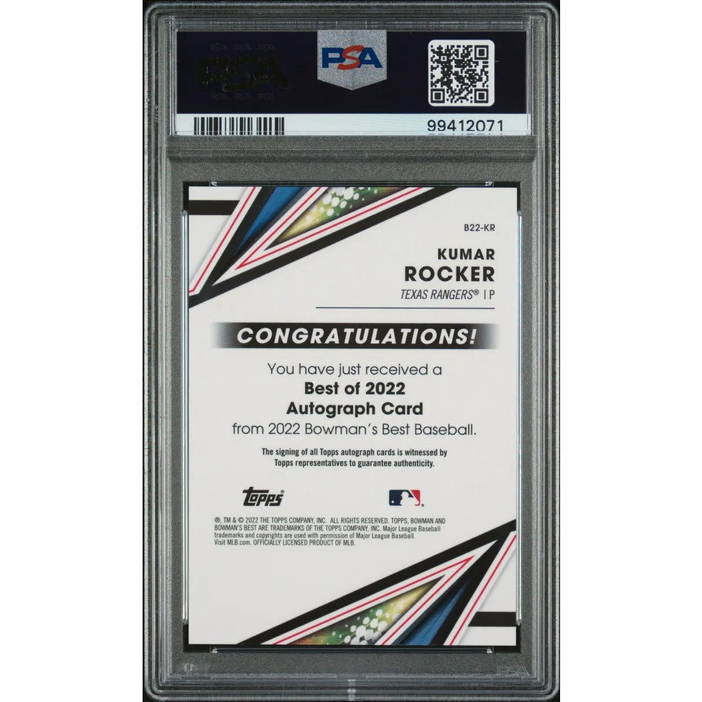 Graded 2022 Topps Bowmans Best Kumar Rocker #B22KR Best of 2022 Autographs Rookie RC Baseball Card PSA 10 Gem Mint | PSA 10 Gem Mint Graded Rookie Card | vintageantiquesgifts.com
