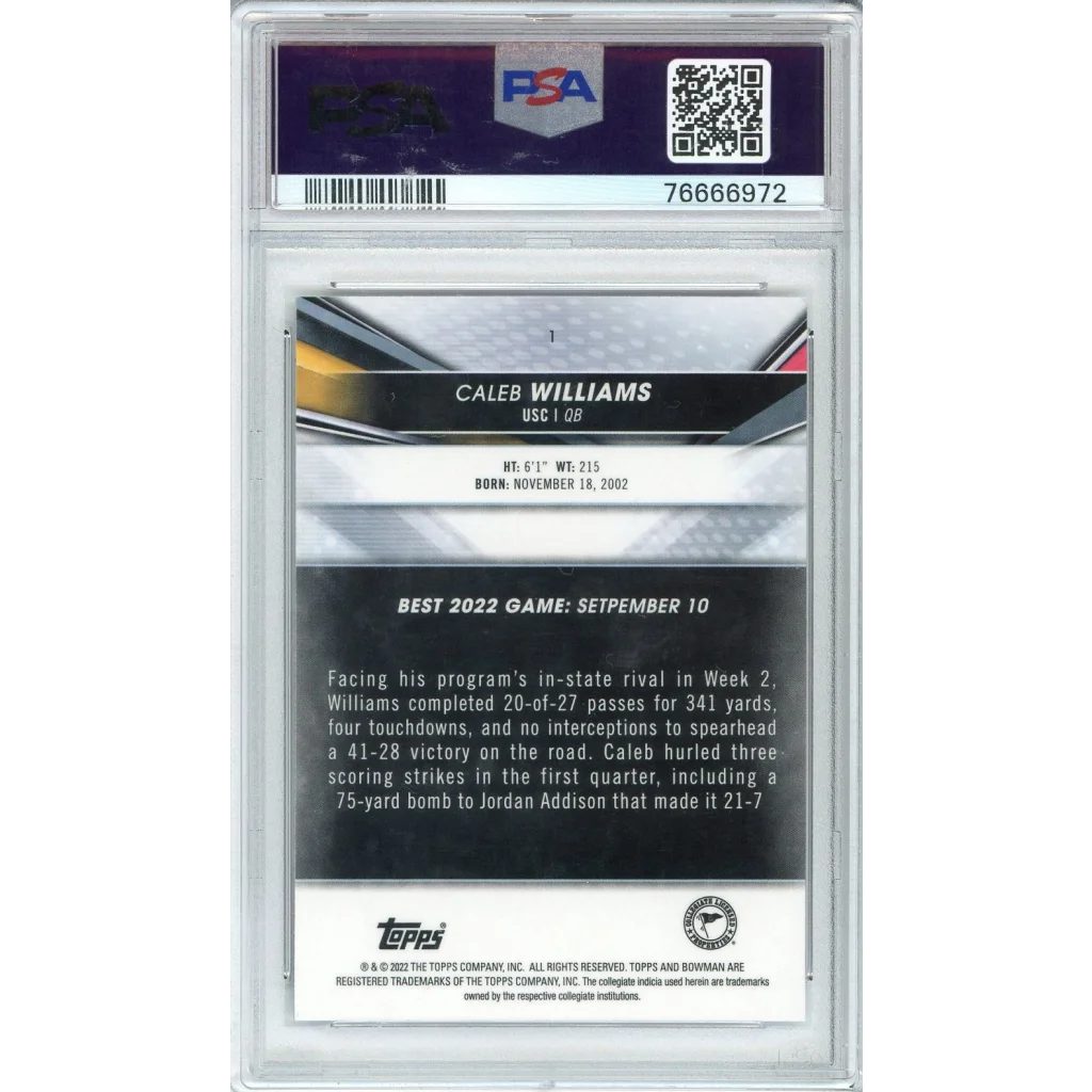 Graded 2022 Topps Bowmans Best University Caleb Williams #1 Rookie RC Football Card PSA 10 Gem Mint | PSA 10 Gem Mint Graded Rookie Card | vintageantiquesgifts.com