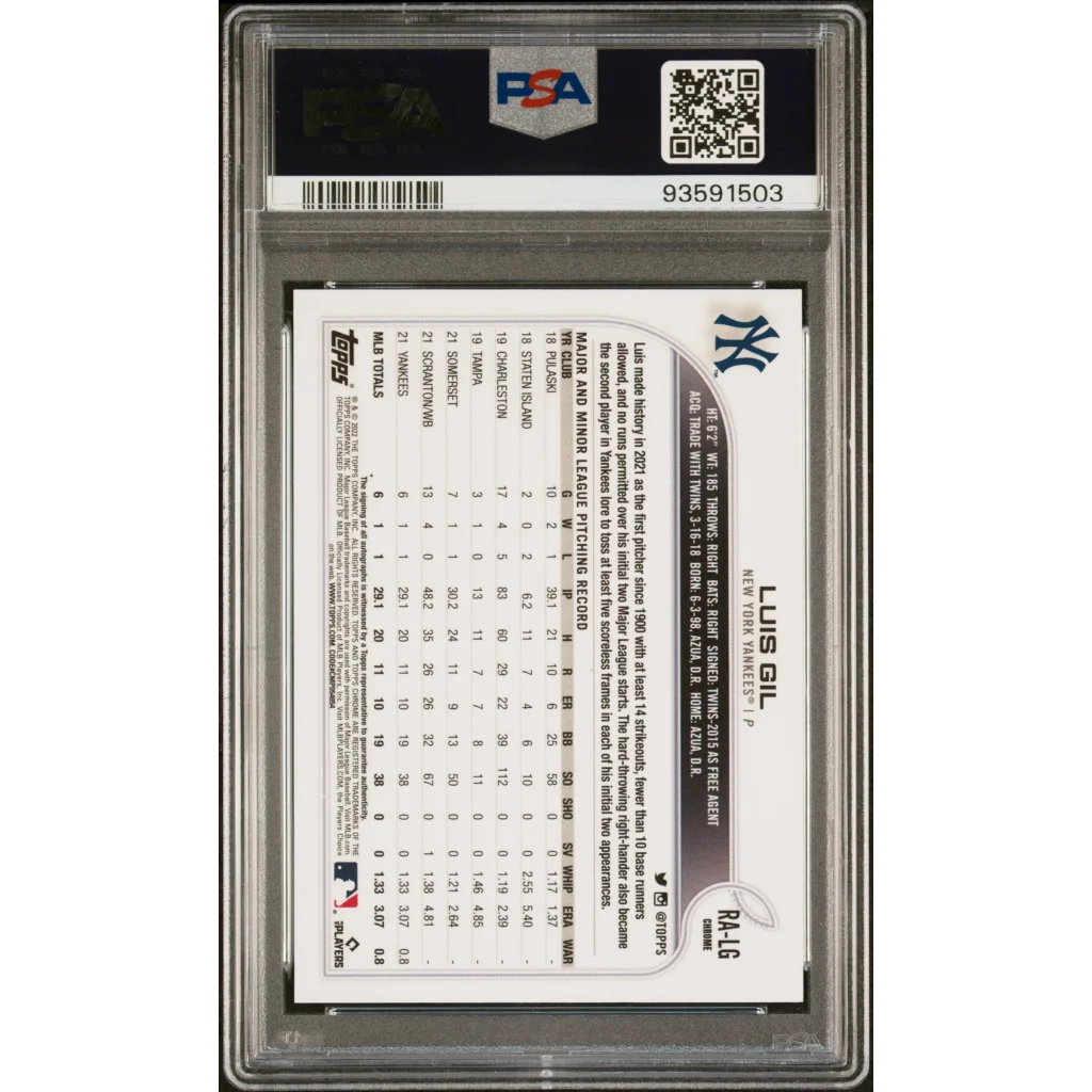 Graded PSA 10 2022 Topps Chrome Luis Gil Rookie Autograph Yankees RC