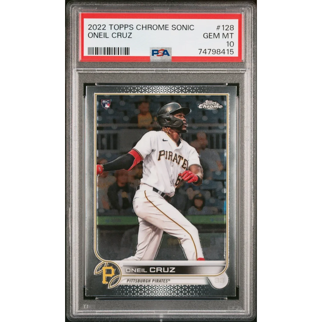 PSA Graded 2022 Topps Chrome Sonic Oneil Cruz baseball card on display
