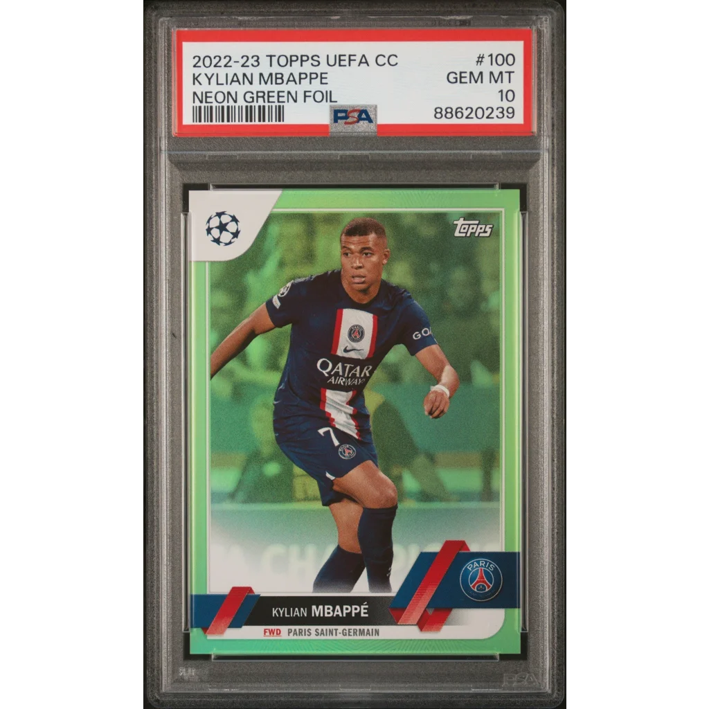 Kylian Mbappé 2022-23 Topps UEFA Neon Green Foil card Gem Mint 10 by Professional Sports Authenticator