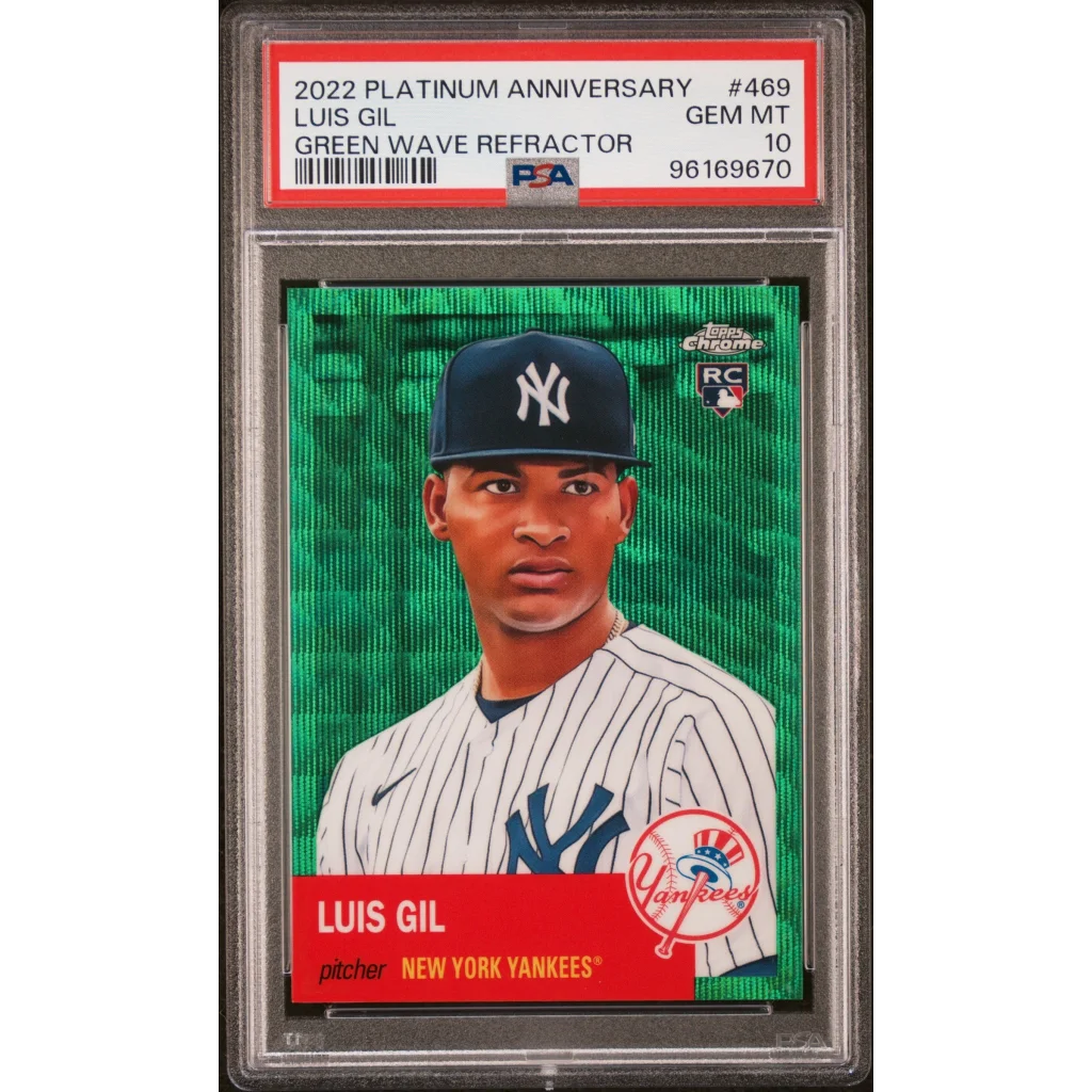 Graded 2022 Topps Platinum Anniversary Luis Gil #469 Green Wave Refractor #/99 Rookie RC Baseball Card PSA 10 Gem Mint | Hall of Fame Sports Memorabilia | vintageantiquesgifts.com