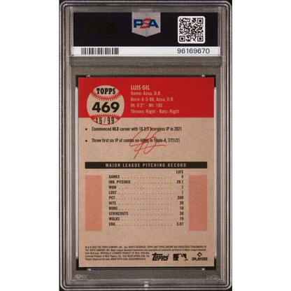 Graded Luis Gil Green Wave Refractor Baseball Card in PSA holder