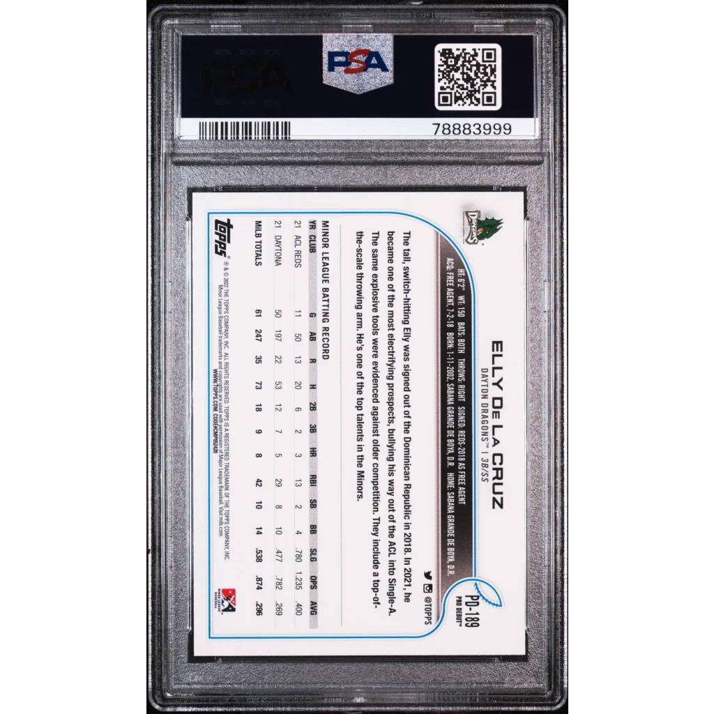 Elly De La Cruz 2022 Topps Pro Debut Rookie Card graded by PSA in protective case