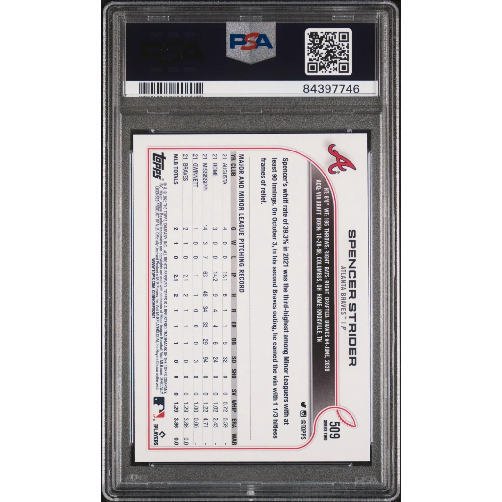 A graded PSA 10 Spencer Strider 2022 Topps Rookie Card in mint condition