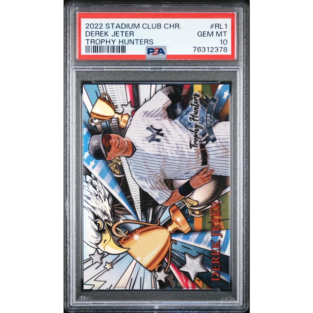 Graded Derek Jeter baseball card from PSA in a collectible trading card display
