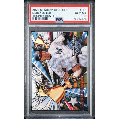 Graded Derek Jeter baseball card from PSA in a collectible trading card display