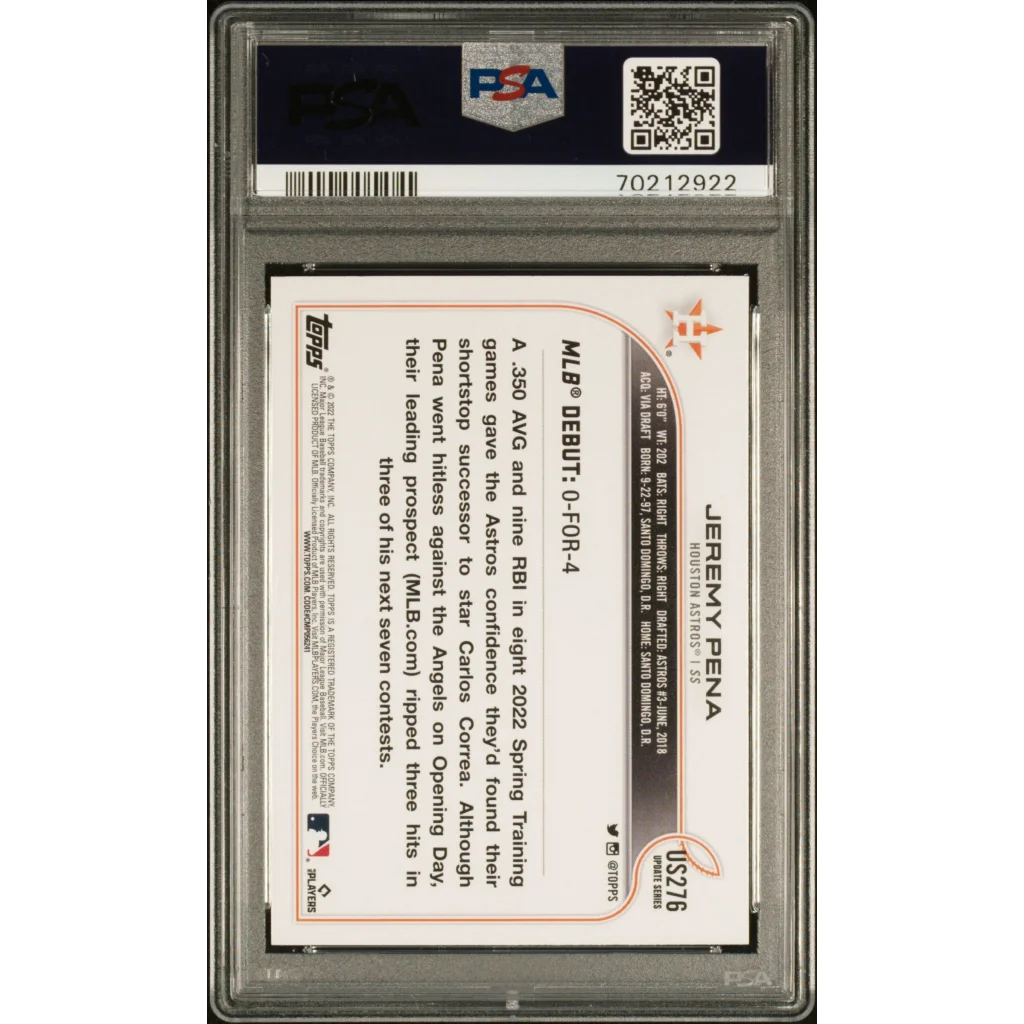 Graded 2022 Topps Update Jeremy Pena #US276 Rookie RC Baseball Card PSA 10 Gem Mint | PSA 10 Gem Mint Graded Rookie Card | vintageantiquesgifts.com