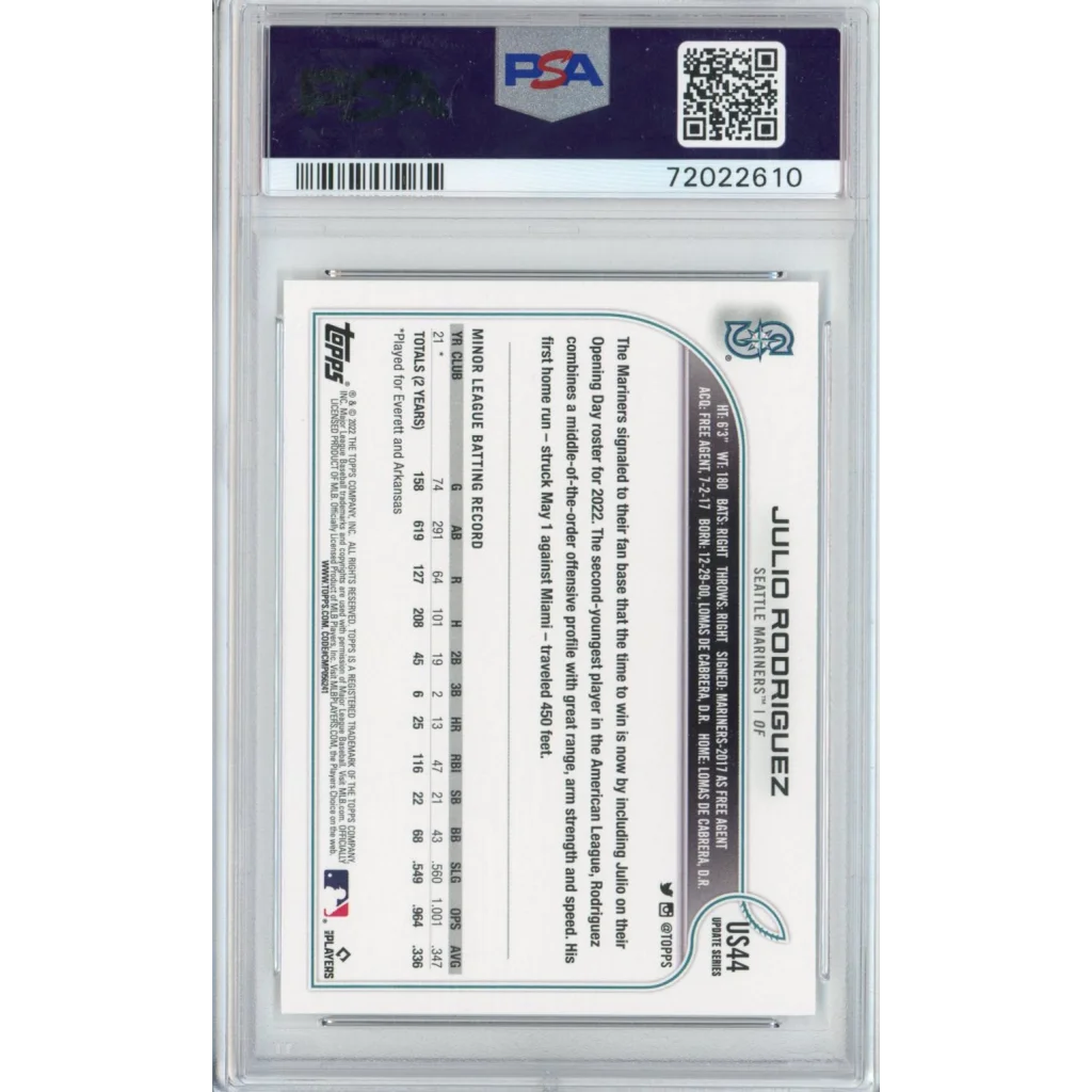 Graded 2022 Topps Update Julio Rodriguez #US44 Rookie RC Baseball Card PSA 10 Gem Mint | PSA 10 Gem Mint Graded Rookie Card | vintageantiquesgifts.com