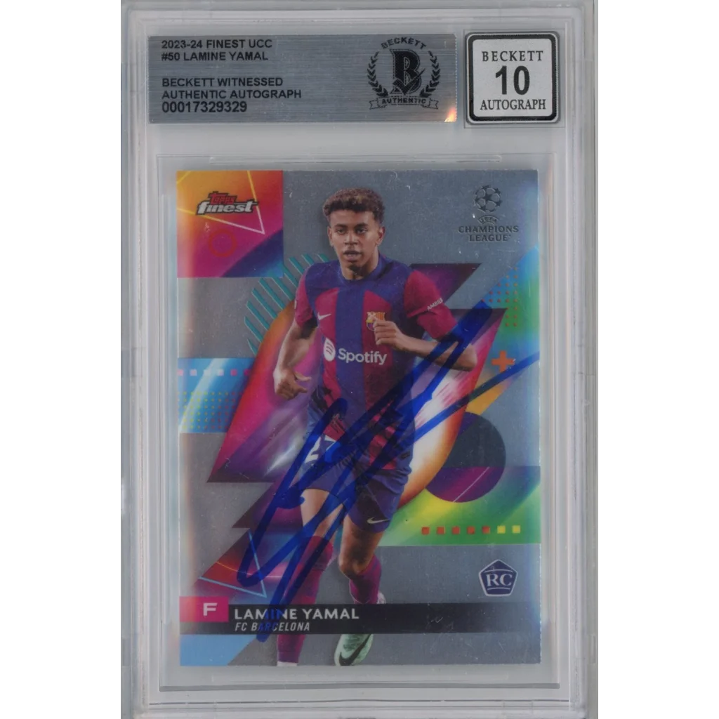Graded 2023-24 Topps Finest UCC Lamine Yamal #50 Signed Rookie RC Soccer Card Beckett BAS BGS Auto 10 | Hall of Fame Sports Memorabilia | vintageantiquesgifts.com