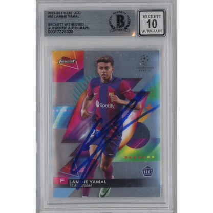 Graded 2023-24 Topps Finest UCC Lamine Yamal #50 Signed Rookie RC Soccer Card Beckett BAS BGS Auto 10 | Hall of Fame Sports Memorabilia | vintageantiquesgifts.com