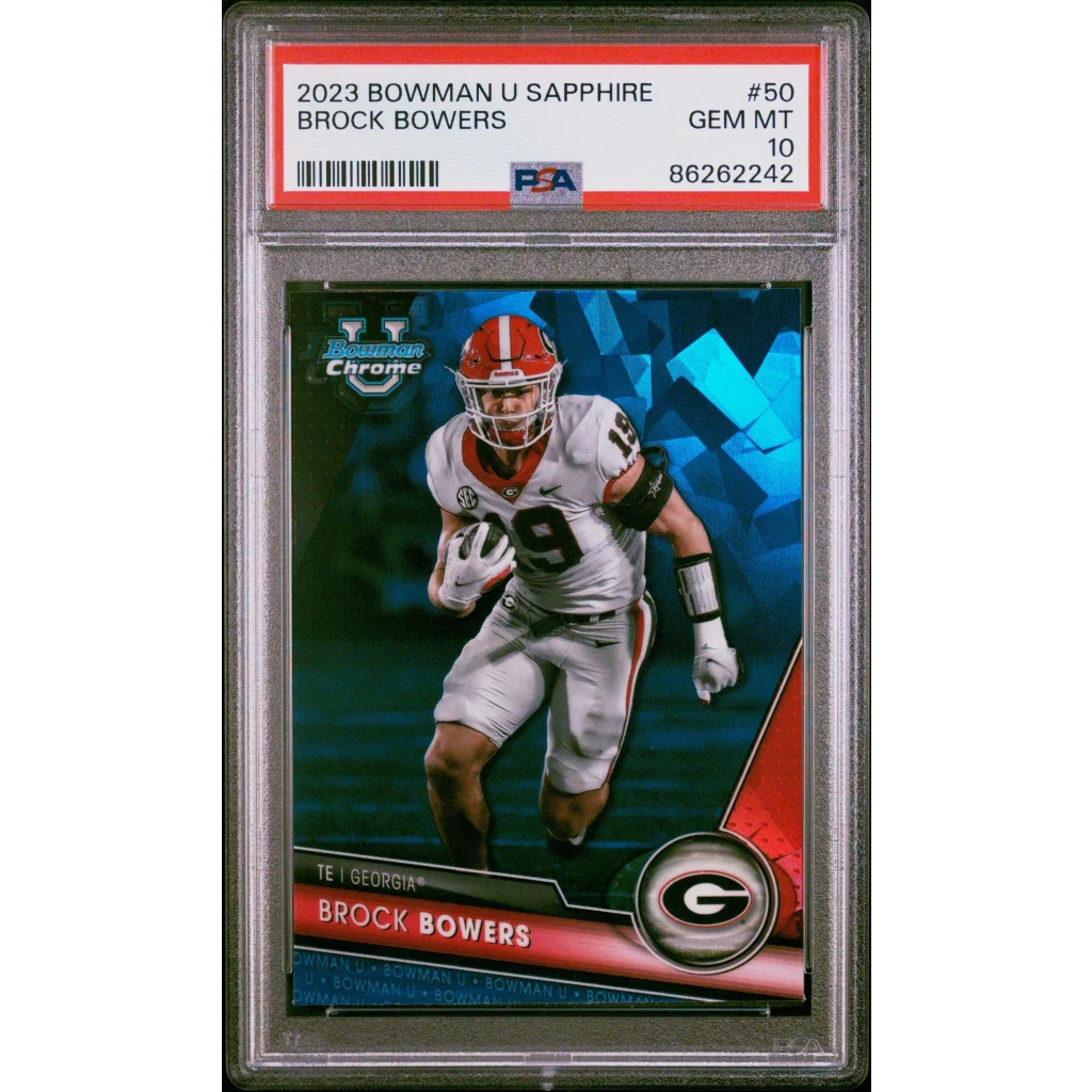 Graded 2023 Bowman U Sapphire Brock Bowers #50 Rookie RC Football Card PSA 10 Gem Mint | Hall of Fame Sports Memorabilia | vintageantiquesgifts.com