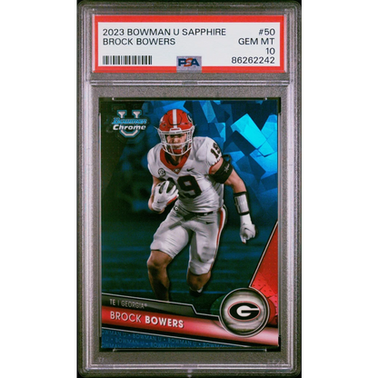Graded 2023 Bowman U Sapphire Brock Bowers #50 Rookie RC Football Card PSA 10 Gem Mint | Hall of Fame Sports Memorabilia | vintageantiquesgifts.com