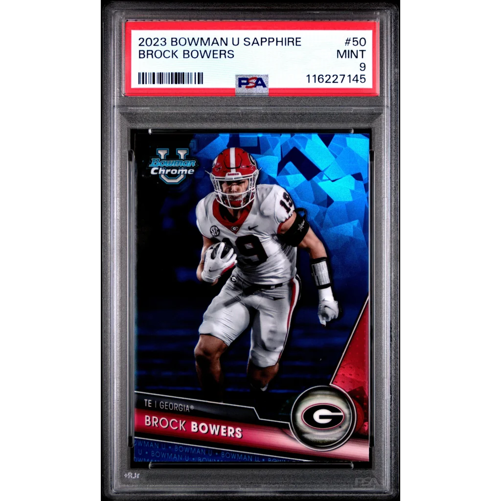 Graded 2023 Bowman U Sapphire Brock Bowers #50 Rookie RC Football Card PSA 9 Mint | Hall of Fame Sports Memorabilia | vintageantiquesgifts.com