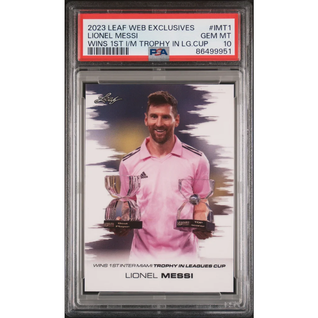 Lionel Messi pink Adidas polo 2023 Leaf Web Exclusives PSA 10 trophy card