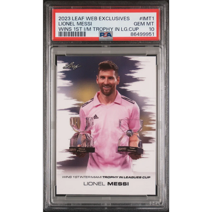 Lionel Messi pink Adidas polo 2023 Leaf Web Exclusives PSA 10 trophy card