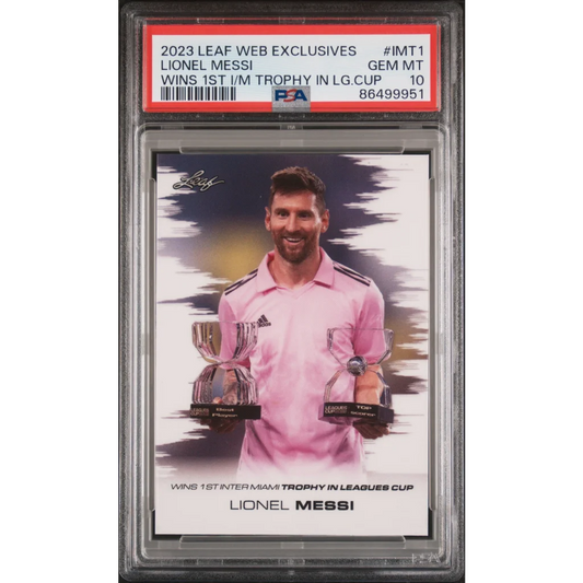 Lionel Messi pink Adidas polo 2023 Leaf Web Exclusives PSA 10 trophy card