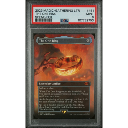 Graded 2023 MTG Lord of the Rings One Ring foil card PSA 9 in golden ring slab