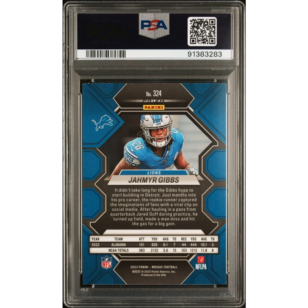 Graded Jahmyr Gibbs 2023 Mosaic Reactive Blue Panini football card in PSA case