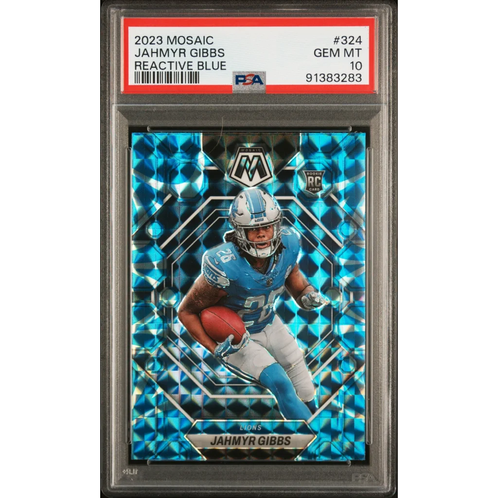 PSA Graded 2023 Mosaic Jahmyr Gibbs Reactive Blue Football Card on display