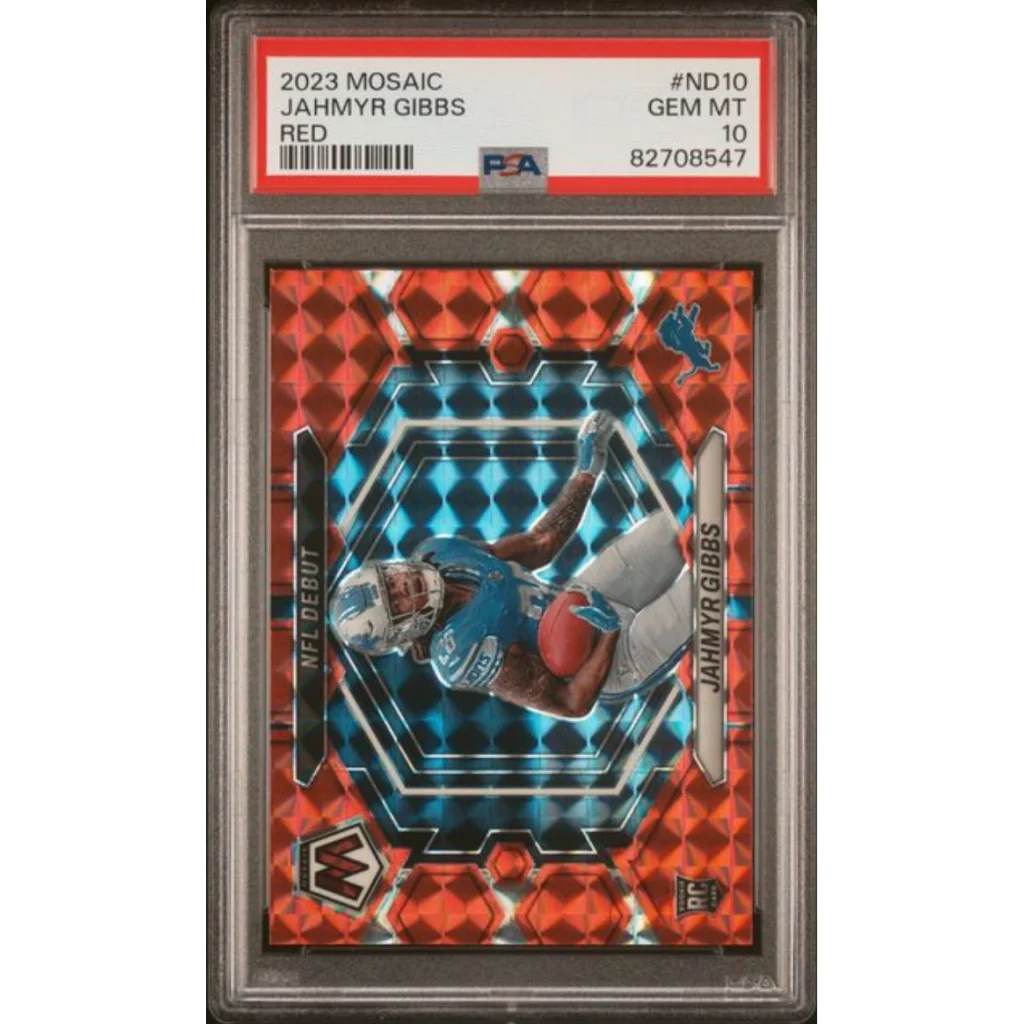 Graded 2023 Mosaic Jahmyr Gibbs #ND10 Red Rookie RC Football Card PSA 10 Gem Mint | Hall of Fame Sports Memorabilia | vintageantiquesgifts.com