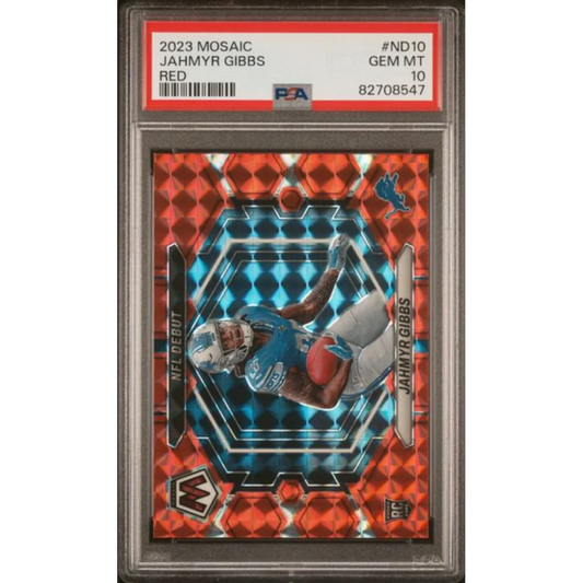Graded 2023 Mosaic Jahmyr Gibbs #ND10 Red Rookie RC Football Card PSA 10 Gem Mint | Hall of Fame Sports Memorabilia | vintageantiquesgifts.com