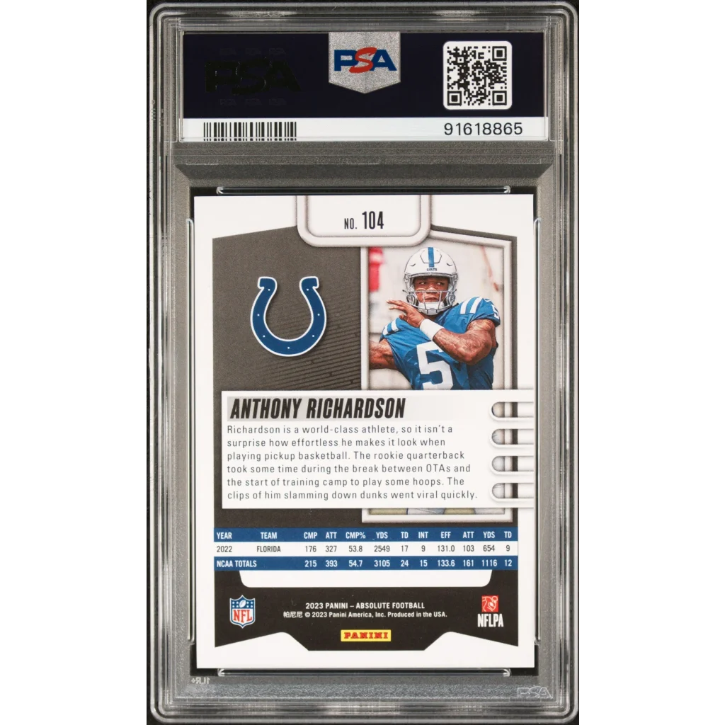 Graded PSA 10 Gem Mint 2023 Panini Absolute Anthony Richardson #104 Black Rookie RC Card