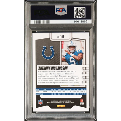 Graded PSA 10 Gem Mint 2023 Panini Absolute Anthony Richardson #104 Black Rookie RC Card