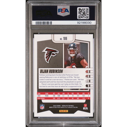 PSA Graded 2023 Absolute Bijan Robinson Football Trading Card on display