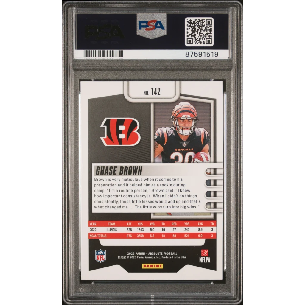 A graded Chase Brown 2023 Absolute Rookie Card football trading card in PSA case
